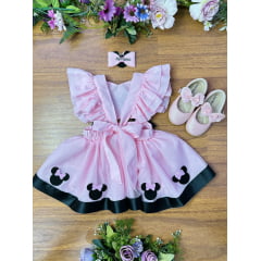 Romper da Minnie Rosa Com Laço e Saia Glitter Luxo Festas