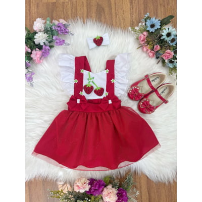 Romper da Moranguinho Com Laço Luxo Tamanho:Unico;Cor: Vermelho e Branco