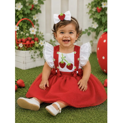 Romper da Moranguinho Com Laço Luxo Tamanho:Unico;Cor: Vermelho e Branco