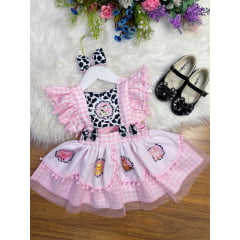Romper Fazendinha Vaquinha Rosa Xadrez C/ Laço Festas Luxo