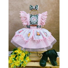 Romper Fazendinha Vaquinha Rosa Xadrez C/ Laço Festas Luxo