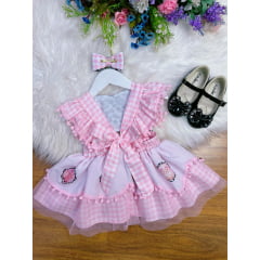 Romper Fazendinha Vaquinha Rosa Xadrez C/ Laço Festas Luxo