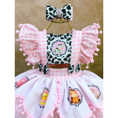 Romper Fazendinha Vaquinha Rosa Xadrez C/ Laço Festas Luxo