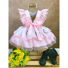 Romper Fazendinha Vaquinha Rosa Xadrez C/ Laço Festas Luxo