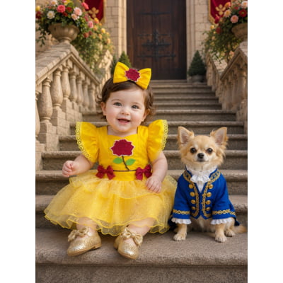 Romper Infantil Temático Princesa Bela Amarelo C/ Laço de Cabelo Romper Infantil Temático Princesa Bela Amarelo C/ Laço de Cabelo