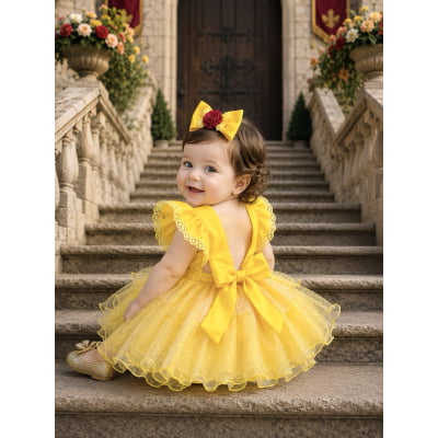 Romper Infantil Temático Princesa Bela Amarelo C/ Laço de Cabelo