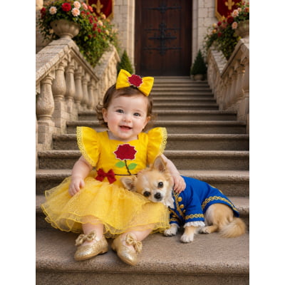 Romper Infantil Temático Princesa Bela Amarelo C/ Laço de Cabelo