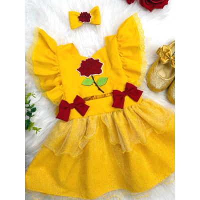 Romper Infantil Temático Princesa Bela Amarelo C/ Laço de Cabelo