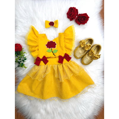 Romper Infantil Temático Princesa Bela Amarelo C/ Laço de Cabelo
