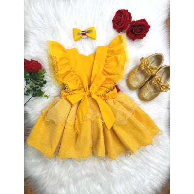 Romper Infantil Temático Princesa Bela Amarelo C/ Laço de Cabelo