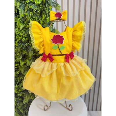 Romper Infantil Temático Princesa Bela Amarelo C/ Laço de Cabelo