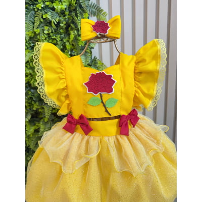 Romper Infantil Temático Princesa Bela Amarelo C/ Laço de Cabelo