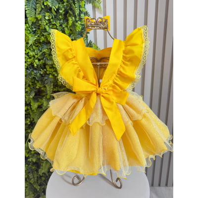 Romper Infantil Temático Princesa Bela Amarelo C/ Laço de Cabelo