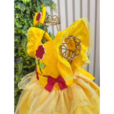 Romper Infantil Temático Princesa Bela Amarelo C/ Laço de Cabelo