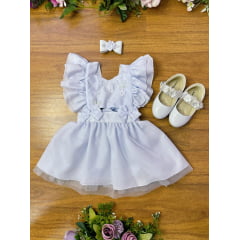 Romper Jardim Encantado Batizado Branco C/ Laço e Saia Glitter