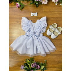 Romper Jardim Encantado Batizado Branco C/ Laço e Saia Glitter