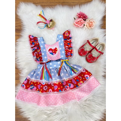 Romper Junino Azul Colorido Com Laço de Chapéuzinho