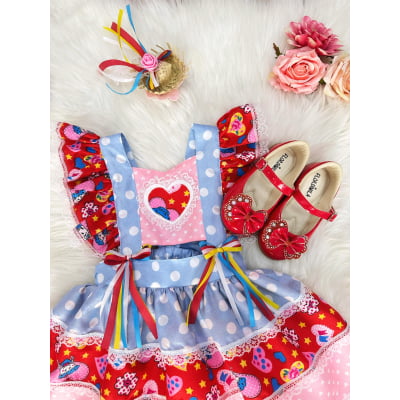 Romper Junino Azul Colorido Com Laço de Chapéuzinho