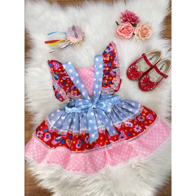 Romper Junino Azul Colorido Com Laço de Chapéuzinho