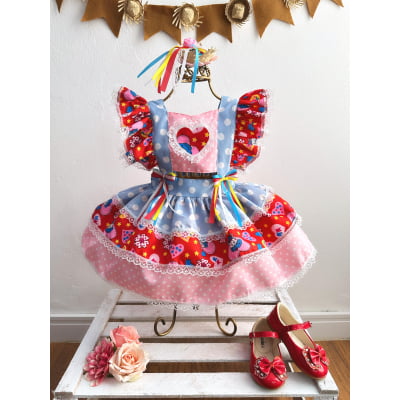 Romper Junino Azul Colorido Com Laço de Chapéuzinho