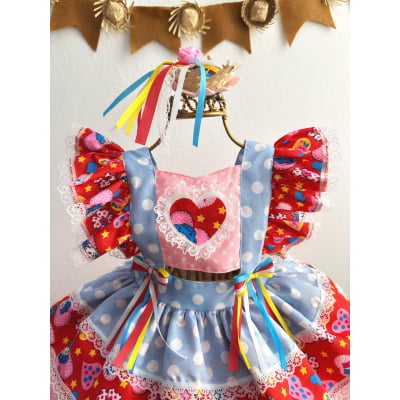 Romper Junino Azul Colorido Com Laço de Chapéuzinho