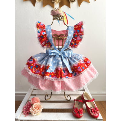 Romper Junino Azul Colorido Com Laço de Chapéuzinho