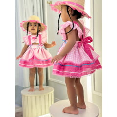 Romper Junino Rosa Claro Xadrez Com Laço de Chapéuzinho