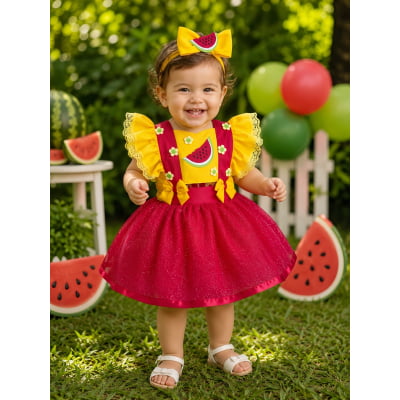 Romper Melancia Amarelo e Vermelho com Laço Luxo Romper Melancia Amarelo e Vermelho com Laço Luxo