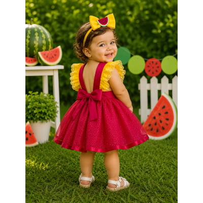 Romper Melancia Amarelo e Vermelho com Laço Luxo