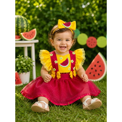 Romper Melancia Amarelo e Vermelho com Laço Luxo