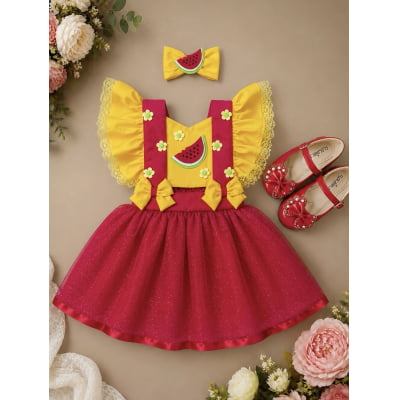 Romper Melancia Amarelo e Vermelho com Laço Luxo