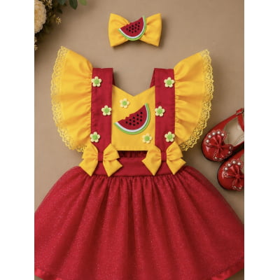 Romper Melancia Amarelo e Vermelho com Laço Luxo