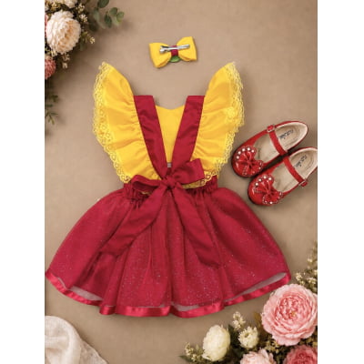 Romper Melancia Amarelo e Vermelho com Laço Luxo