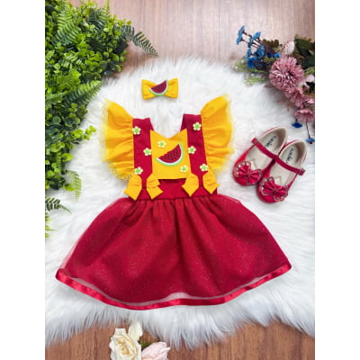 Romper Melancia Amarelo e Vermelho com Laço Luxo