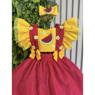 Romper Melancia Amarelo e Vermelho com Laço Luxo