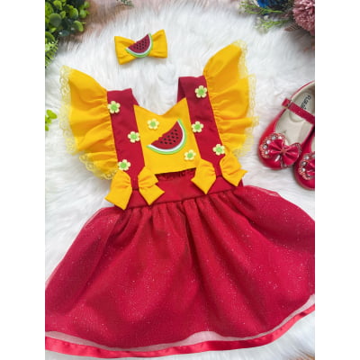 Romper Melancia Amarelo e Vermelho com Laço Luxo