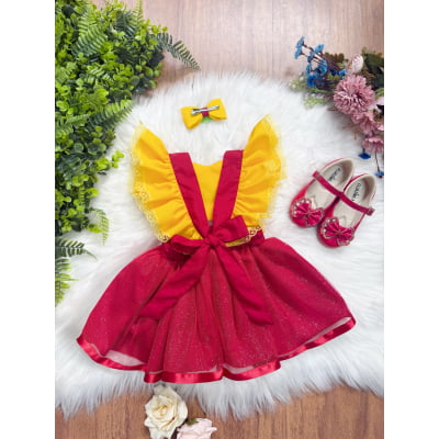 Romper Melancia Amarelo e Vermelho com Laço Luxo