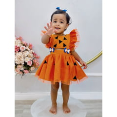 Romper Pedrita Flintstone Laranja Glitter Festas Luxo