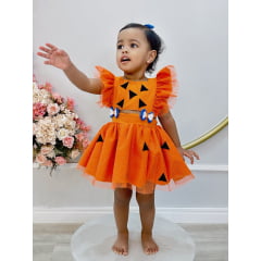 Romper Pedrita Flintstone Laranja Glitter Festas Luxo
