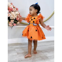 Romper Pedrita Flintstone Laranja Glitter Festas Luxo
