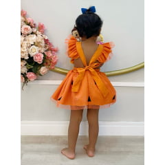 Romper Pedrita Flintstone Laranja Glitter Festas Luxo