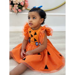 Romper Pedrita Flintstone Laranja Glitter Festas Luxo
