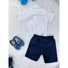 Conjunto Camisa Branca Com Short Azul Marinho C/ Cordão