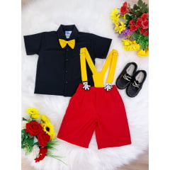 Conjunto Camisa Preta e Short Vermelha C/ Susp. Mickey