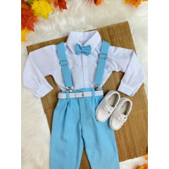 Conjunto Infantil Camisa Branca C/ Calça Susp. e Gravata Azul