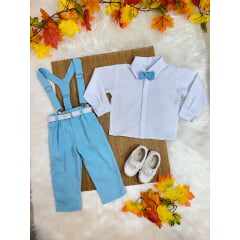 Conjunto Infantil Camisa Branca C/ Calça Susp. e Gravata Azul