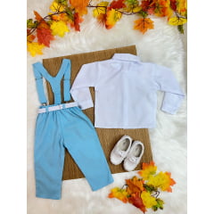 Conjunto Infantil Camisa Branca C/ Calça Susp. e Gravata Azul