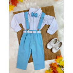 Conjunto Infantil Camisa Branca C/ Calça Susp. e Gravata Azul