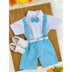 Conjunto Infantil Camisa Branca C/ Short Susp. e Gravata Azul