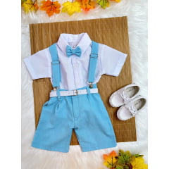 Conjunto Infantil Camisa Branca C/ Short Susp. e Gravata Azul